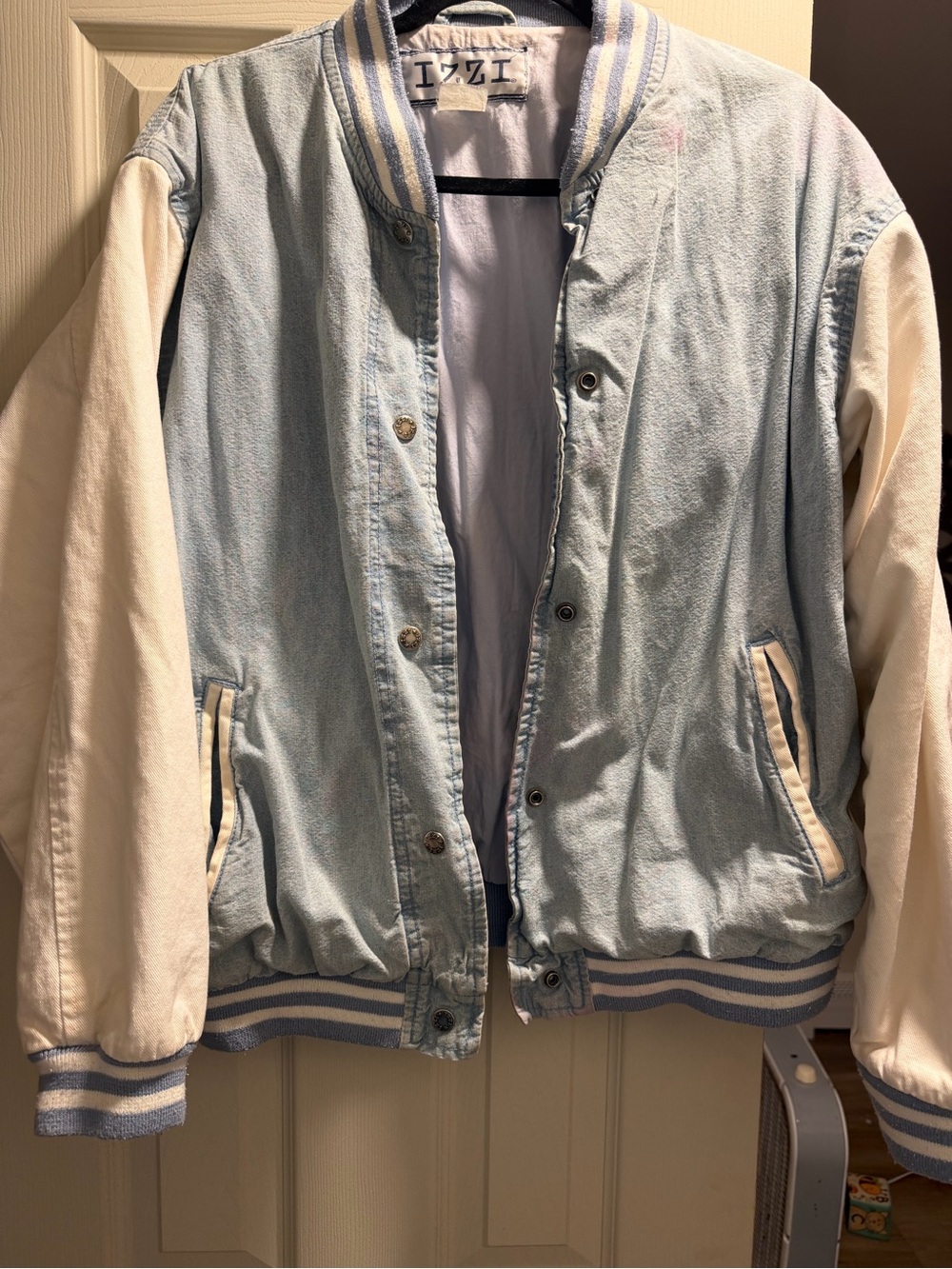 90s Light Wash Denim Bomber Jacket with Cream Sleeves